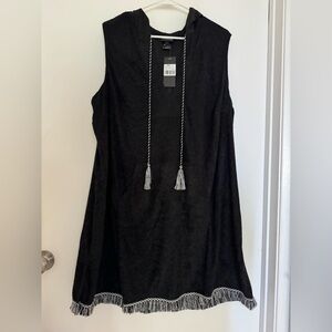 Black Sleeveless Hooded Towel Dress Very Soft with Tassel Details